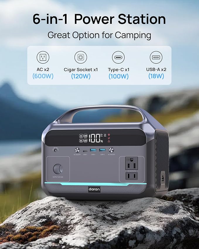 DaranEner Portable Power Station 600W with Bag, 288Wh (90,000mAh) LiFePO4 Battery Backup, 2×600W (1200W Surge) AC Outlets, 2.2H Fast Recharge, Solar Generator for Camping, RV, Travel, Home Emergency
