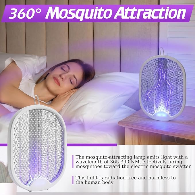 4 Pcs Foldable Electric Fly Swatter 2 in 1 Mosquito Swatter 1200mah Battery Rechargeable Bug Zapper Racket USB Handheld with 3 Layer Safety Mesh for Camping Backyard Patio Travel Home Office