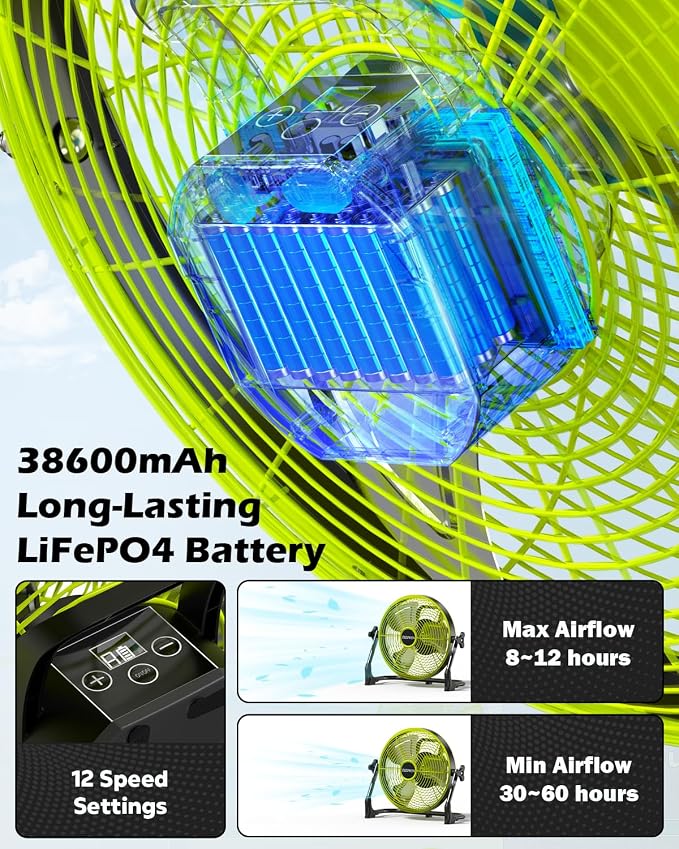 14" Solar Fan, 25W Solar Powered Cordless Greenhouse Fan, Rechargeable Battrey, Portable, 360° Tilt, 8~60H Runtime, for Outdoor Camping Gazebo Chicken Coop Patio Travel Shed Barn