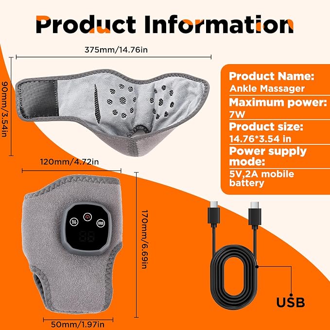 XFP 2Pcs Cordless Foot and Ankle Massager with Heat, Ankle Heating Pad Heated Brace Wrap with 5 Heat Levels and 3 Vibration, USB Charging, Ideal for Home and Travel（Gray）