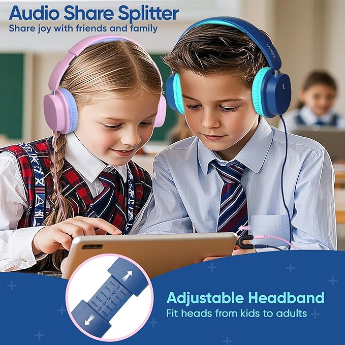 2 Pack Kids Headphones with Sharing Splitter, Stereo Sound Over-Ear Wired Headphones for Kids, Comfortable Fit, Foldable,Tangle-Free 3.5mm Jack Heaphones for School Tablet/Laptop/Computer