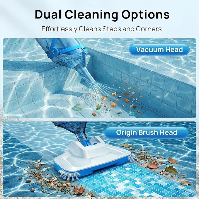 Pool Vacuum for Above Ground Pools & Inground Pools, Consciot Rechargeable Handheld Cleaner with Telescopic Pole, 18.5 GPM Suction, 13.4" Head, 60-Min Runtime, for Spa & Hot Tub