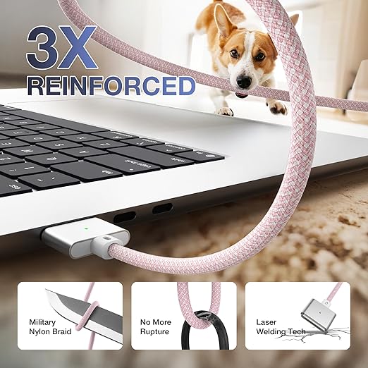 Hugener Magnetic 3 Cable USB-C 6.6FT Compatible with M5/M4/M3/M2 MacBook Air Pro Charger, 140W Cable for MacBook Air (13"/15" 2026/2025/2024/2023/2022), Pro (16"/14" 2026/2025/2024/2023/2021), Pink