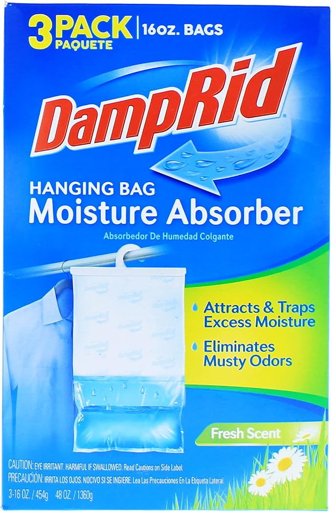 DampRid Hanging Bag, Moisture Absorber, Pack of 3 (16 oz. ea.), 3 Pack, Blue