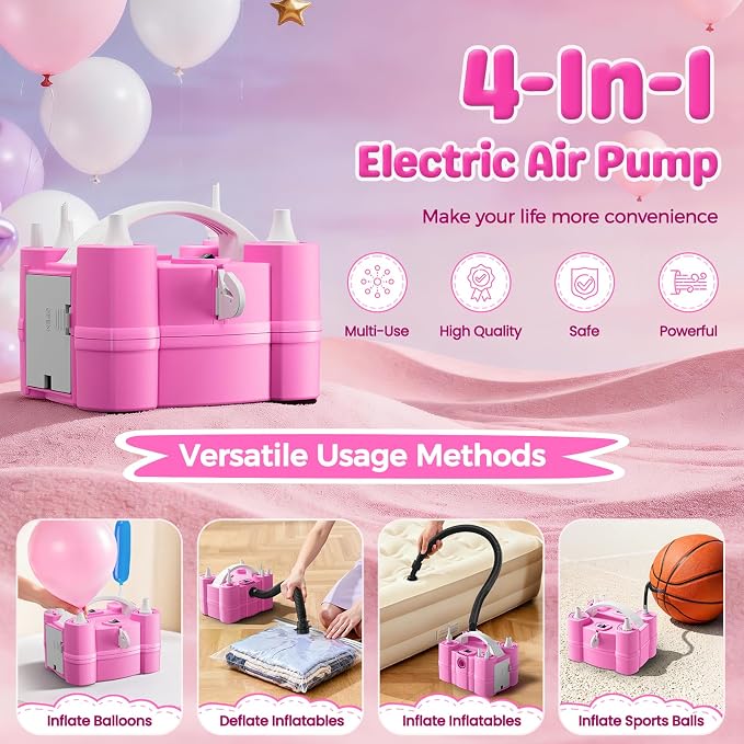 Keaibuding Electric Balloon Pump, 4-in-1 Balloon Blower with Triple Inflating Ports for All Balloons, Air Pump for Sports Balls, Inflator& Deflator for Inflatables (Dust-Proof Storage Bag Included)