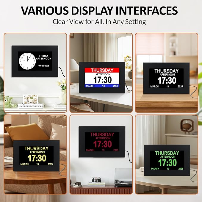 7" Digital Alarm Clock for Seniors, Dementia Clock with Day and Date for Elderly, Digital Calendar Day Clock with 20 Reminders & 20 Alarms, Auto-DST