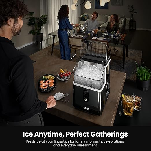Kismile Nugget Ice Makers Countertop,Portable Ice Machine with Crushed Ice, 35lbs/Day,Self-Cleaning,One-Click Operation for Home Use(Stainless Steel Black)