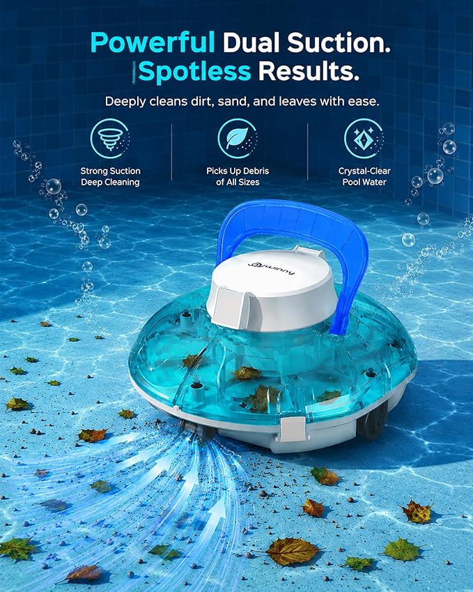 (2026 Upgrade) Cordless Pool Vacuum for Above Ground Pool, Automatic Pool Cleaner Robot Cleaning Up to 660 sq.ft, Dual-Layer Filtration, 90 Mins Runtime, Self-Parking, with Hook (Pale Blue White)