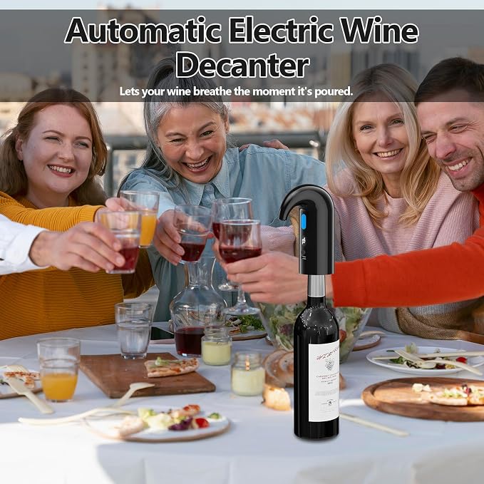 Electric Wine Aerator & Decanter Pump – Perfect Fathers Day Quiet Dual-Pump Aeration, Measured Pouring, Temp Display & USB Rechargeable System – Professional Wine Tool for Home Bars (Black)