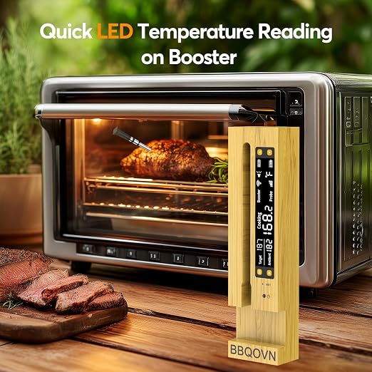 BBQOVN WiFi Sub-1G Wireless Meat Thermometer Unlimited Range 7 NIST Certified Sensors with Ambient Temp 2 Temp Monitoring Ways Digital Smart Base and App for BBQ, Smoker, Grill, Oven (Single Probe)