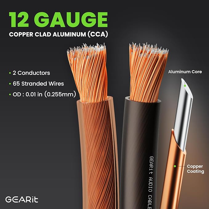 GEARit Speaker Wire 12 Gauge 100 ft,Speaker Cable with Foot Markers & Polarity Markings,12 Gauge Wire for Car Audio & Home Theater Speakers,Audio Cable for DIY Installations,CCA(Black Clear)