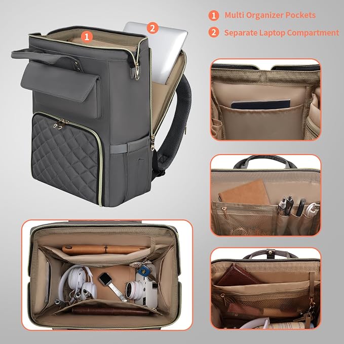 BERTASCHE Lunch Backpack for Women, 15.6 Inch Laptop Backpack with Insulated Cooler Lunch box, Nurse Backpack for Teacher Work Travel College Picnic,Grey