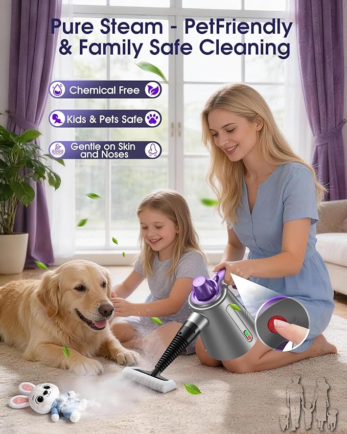 Handheld Steam Cleaner for Home, Pressurized Multi Purpose Steamer for Cleaning Upholstery Bed Furniture Couch Carpet Car with 14 Accessories & Safety Lock, Small Container for Grease