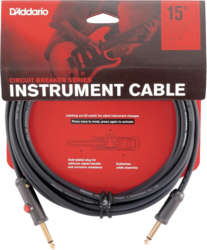 D'Addario Guitar Cable - Guitar Lead - Circuit Breaker Cable - Latching Cut-Off Switch to Mute When Changing Instrument - 15 Feet/4.57 Meters - Straight Ends - 1 Pack