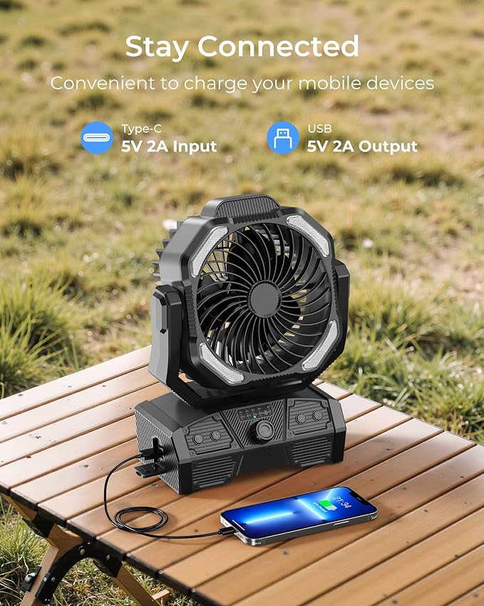 8” Portable Rechargeable Fan, Battery Operated Camping Fan with 27H Work Hours, Remote, Auto Oscillation, Timer, Hook for RV Tent Hurricane Emergency Black