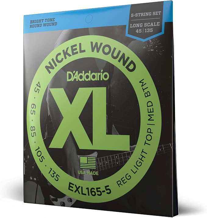 D'Addario Electric Bass Guitar Strings, XL Nickel, EXL165-5, Regular Light Top/Medium Bottom Gauge 45-135, Long Scale, 5-String Set, Pack of 1