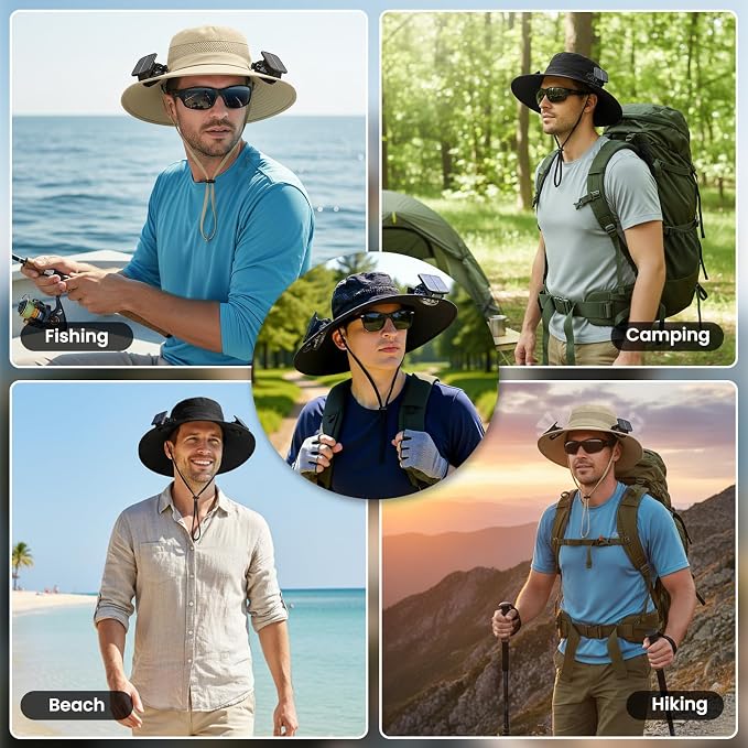 Solar Powered Fan hat with 2 USB Charging Removable Fans Wide Brim Sun Cooling in Them Sun for Adults Protection Fishing Beach Gardening with Earplugs
