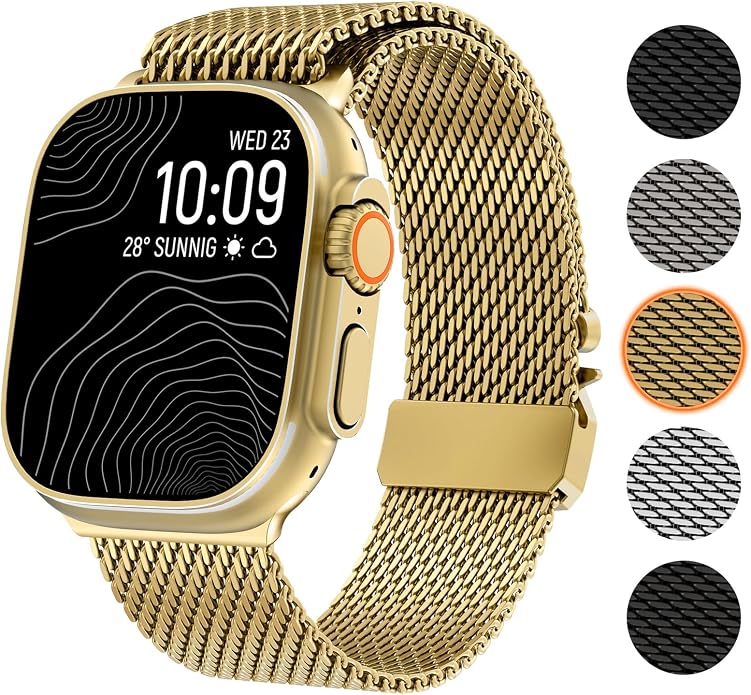 WINGLE Milanese Loop for Apple Watch Band Ultra 3/2/1 Band Ultra 49mm Series 11 10 46mm 45mm 44mm SE 3/2/1 Series 9 8 7 6 5 4 3 Men Women,Parachute-Style Buckle Stainless Steel Mesh Metal iWatch Bands