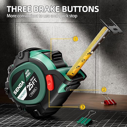 SENDA Tape Measure 25Ft - Heavy Duty Tape Measure with 25mm Wide with Three Stops, High Precision Measuring Tape Retractable Measuring Tape,Rubber for Comfortable Grip, Fraction Markings(1 Pack)