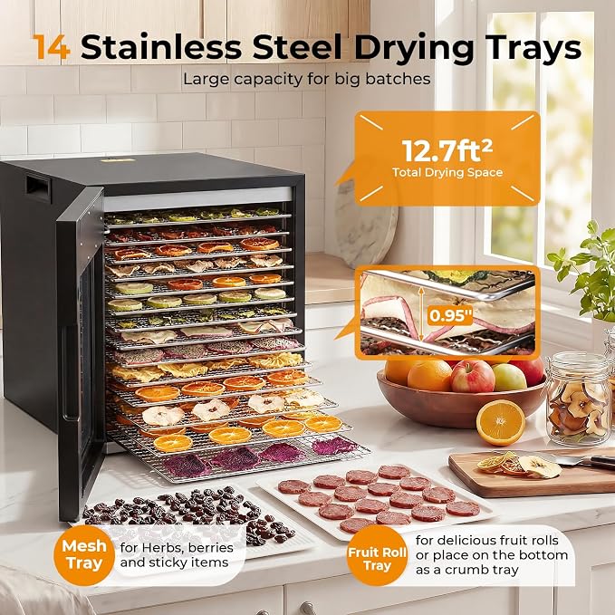 Homdox Food Dehydrator for Jerky & Fruit, 14 Stainless Steel Trays, 850W Food Dryer with 10 Presets, 48H Timer & 167°F Temperature Control, Dehydrator Machine for Herbs, Meat, Dog Treats