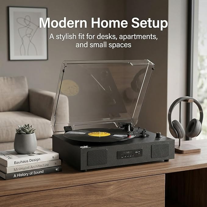 Vinyl Record Player with Built-in Stereo Speakers, Vinyl to USB Recording, Belt Drive 3 Speeds Turntables for Vinyl Records Support Bluetooth Input AUX RCA Output, Black