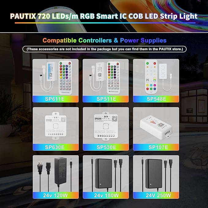 PAUTIX IP65 Waterproof RGB Smart IC COB LED Strip Light Addressable 24ft/7.5m,24V Color Flowing Strip Light Multicolor Flexible Tape Light for TV,Room,Party DIY Decoration(Without Controller&Adapter)