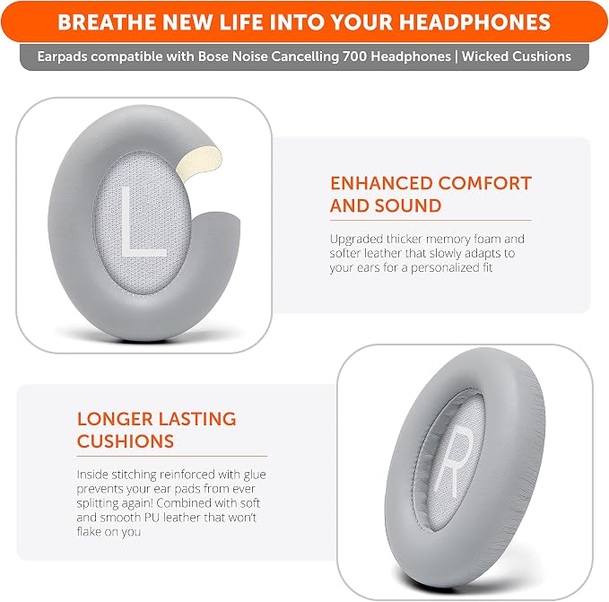 WC Wicked Cushions Upgraded Replacement Ear Pads for Bose 700 Noise Cancelling Headphones (NC700) - Softer PU Leather, Luxurious Memory Foam, Added Thickness, Extra Durable Ear Cushions | (Silver)