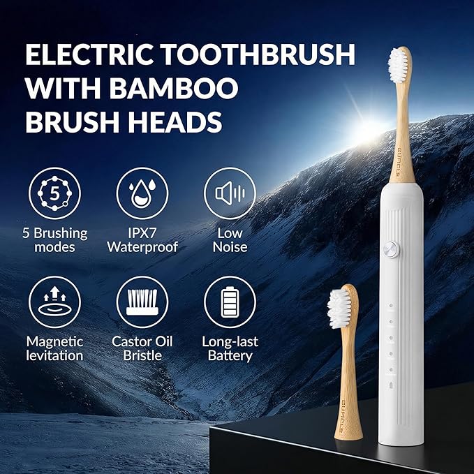 Bamboo Electric Toothbrush for Adults, Electric Toothbrush with 4 Bamboo Heads, Soft Castor Oil Bristles, 5 Modes, Smart Timer, Sonic Technology, IPX7 Waterproof, 70-Day Battery Life-White
