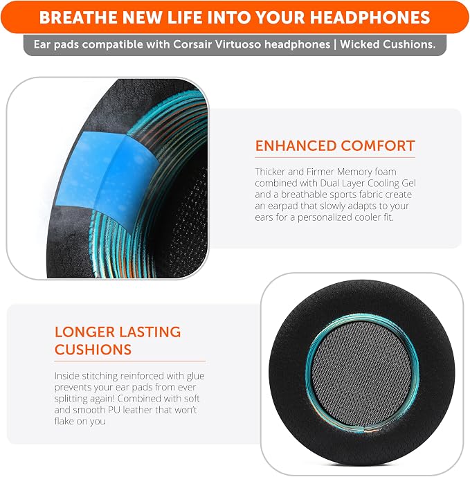 WC Freeze Virtuoso - Hybrid Fabric Cooling Gel Replacement Earpads for Corsair Virtuoso Gaming Headset, Made by Wicked Cushions, Improved Durability, Thickness and Sound Isolation | The Simulation