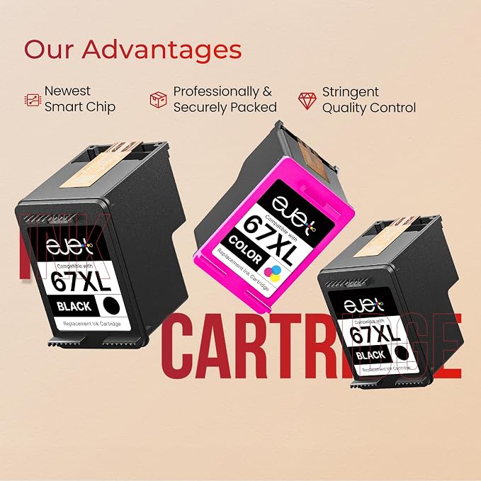 67XL 67 ink 3-Pack Compatible for HP Ink 67 Combo Pack Works with HP Deskjet 2700 2700e 2755 2755e 2855e 2800e 2852e 2827e 4100e 4155e 4227e 4255e Envy 6055e 6455e Series (2 Black 1 Color) | 3YP30AN