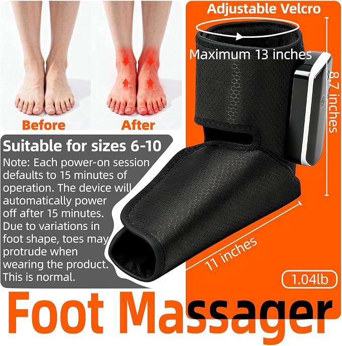 Portable Air Compression Ankle and Foot Massager with Heat for Pain Relief and Circulation, Cordless Feet Compression Massager for Relaxation, Gifts for Parents, Men, Women (Size 6 to 10,2PCS)