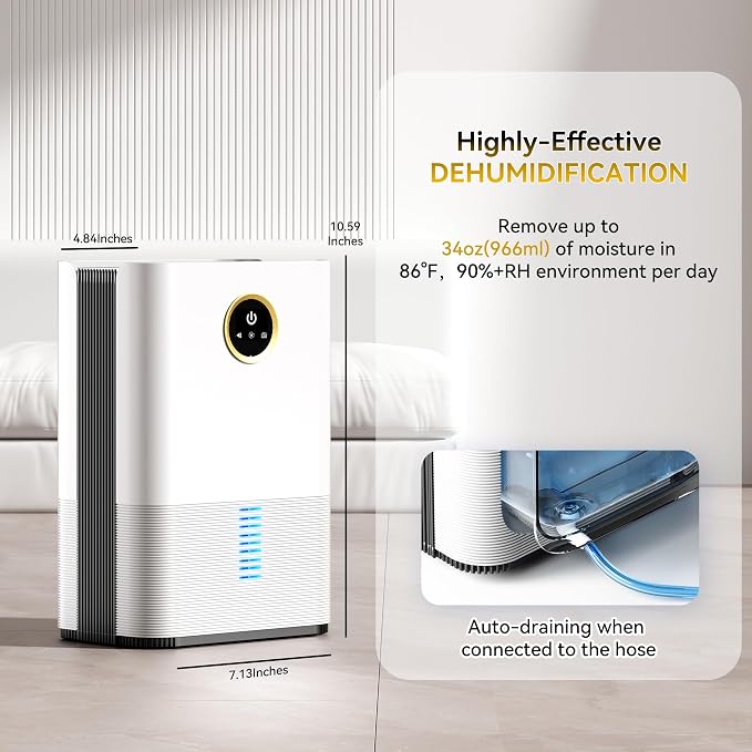 PTHRAOUTA Dehumidifier for Room for Home, (850 sq.ft) Small Dehumidifiers with Drain Hose, Safe Drainage Auto-off Odor Removal 2 Duak-Core Portable Mini Deshumificador Bathroom RV, 50 OZ Water Tank