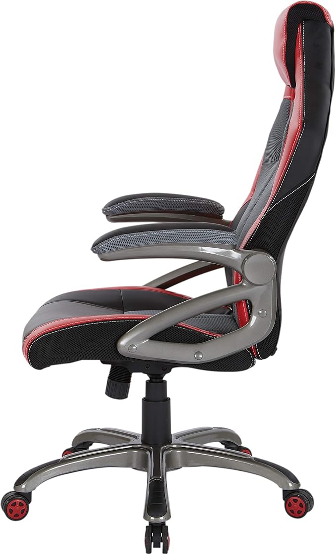 OSP Home Furnishings Race Car Adjustable Gaming Chair, Charcoal Grey Bonded Leather with Red Accents