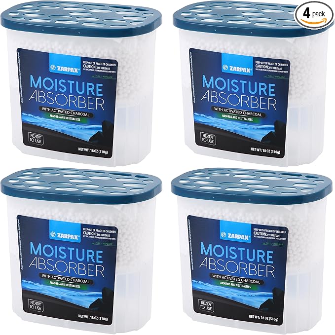 ZARPAX Moisture Absorber Activated Charcoal 18 oz/510g | Removes Moisture, Damp, Humidity & Odors | Odor Absorber | Moisture Trap for Bathroom, Closet, Kitchen & Small Spaces | Set of 4