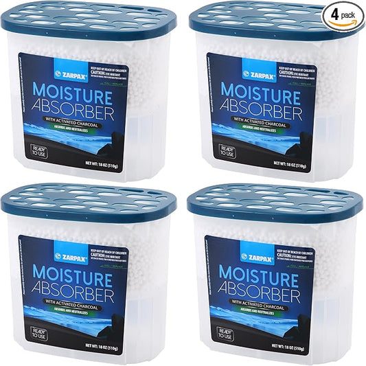 ZARPAX Moisture Absorber Activated Charcoal 18 oz/510g | Removes Moisture, Damp, Humidity & Odors | Odor Absorber | Moisture Trap for Bathroom, Closet, Kitchen & Small Spaces | Set of 4