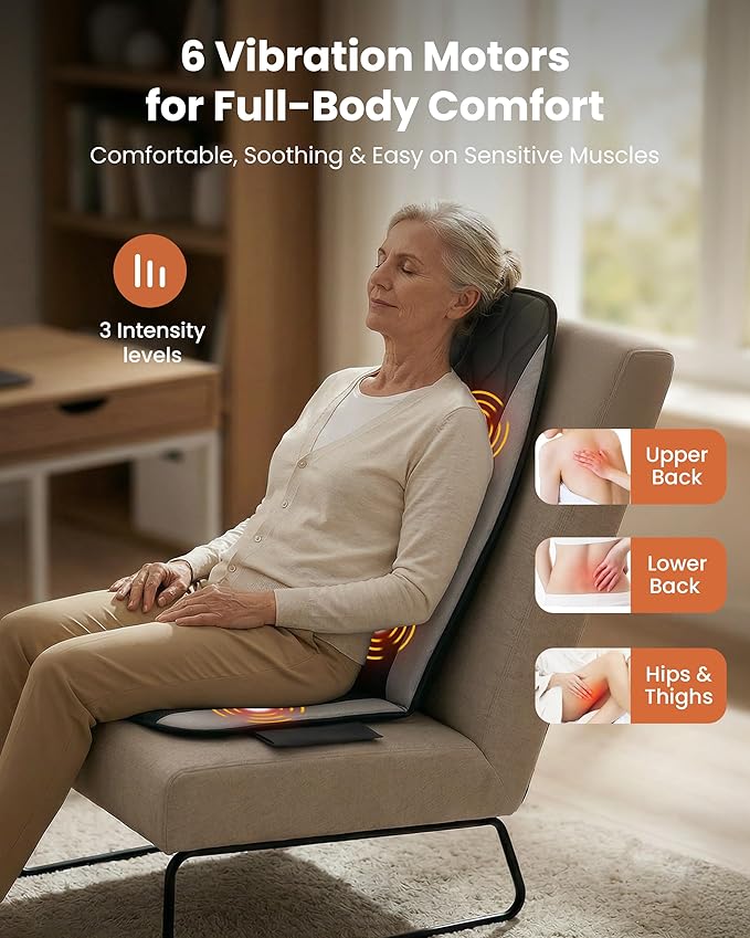 CILI Vibration Massage Chair Pad, Quiet Back Massager for Office Chair, Sofa & Recliner, Independent Graphene Heat & Massage Control, 15-30 Min Timer for Back Pain Relief (Vibration Only)