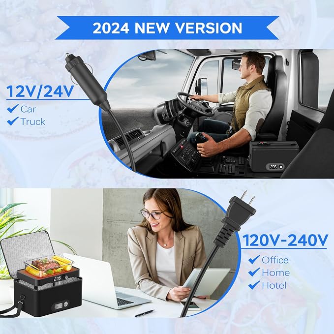 Portable Oven, 12V 24V 110V-240V Car Food Warmer Portable Personal Mini Oven Electric Heated Lunch Box for Meals Reheating & Raw Food Cooking for Road Trip/Camping/Picnic/Family Gathering(Blue)