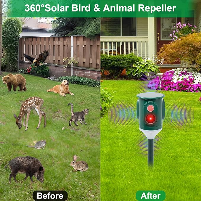 Solar Ultrasonic Animal Repellent Outdoor 360° Motion Activated Pest Deterrent with Strobe Light, Waterproof Garden Protection for Cats, Dogs, Squirrels, Raccoons,Skunks, Rabbits, Coyotes