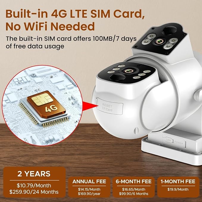 4G LTE Dual Lens Cellular Security Camera, No WiFi Solar Security Cameras Wireless Outdoor with 360° PTZ Live View, 2K Color Night Vision, Auto Tracking AI Detection, Cloud Storage, Built in SIM Card