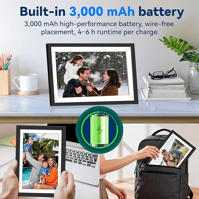 Battery Powered Digital Picture Frame UHALE,10.1" 1920x1080 HD IPS Touchscreen, Cordless Photo Frame with Auto-Rotate, Share Photos & Videos, 32GB Memory, Ideal Gift for Family