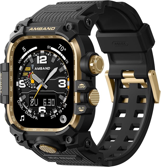 amBand Rugged Case with Band for Apple Watch 46mm, Compatible with Apple Watch (iWatch) Series 10 11, Military Grade Shockproof Bumper Cover, Tactical Band for Men, Black Gold