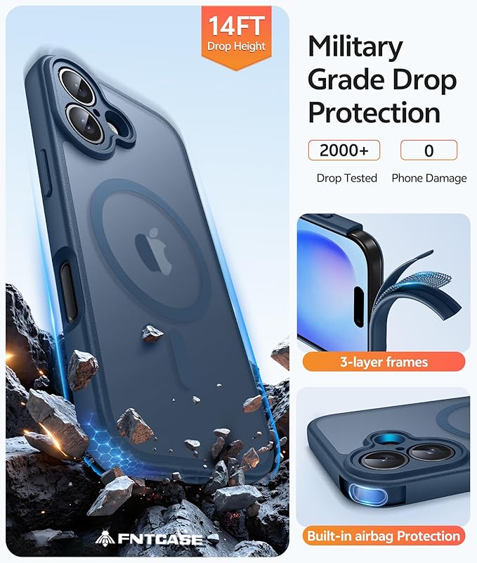 FNTCASE for iPhone 16 Plus Case [Compatible with Magsafe] Translucent Matte Cases with [Screen Protector] Military Grade Shockproof Protective Phone Cover - Blue