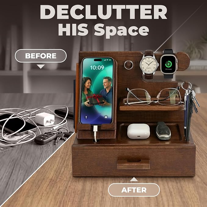 TESLYAR Wood Phone Docking Station with Drawer - Nightstand Organizer - Desk Organizer for Husband - Birthday Gifts for Men, Dad, Anniversary Idea, Key Holder Stand Watch & Accessories (Bourbon Brown)