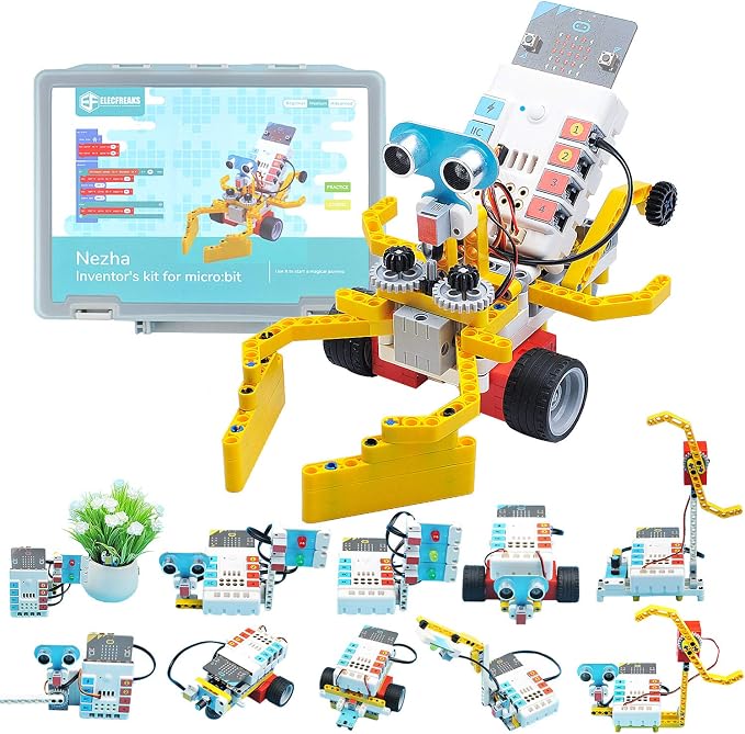 ELECFREAKS microbit Nezha Inventor Kit Planet X Starter Sensors with 40+ Learning Projects and 400+ Bricks, Micro:bit NeZha Expansion Board with 900mAh Lithium Battery(Without Micro:bit)