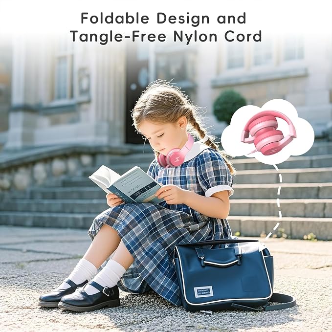 Candy Bila Kids Headphones, Wired Headphones for Kids Over Ear with Microphone, Foldable Headphone for Learning & Entertainment, Light Pink