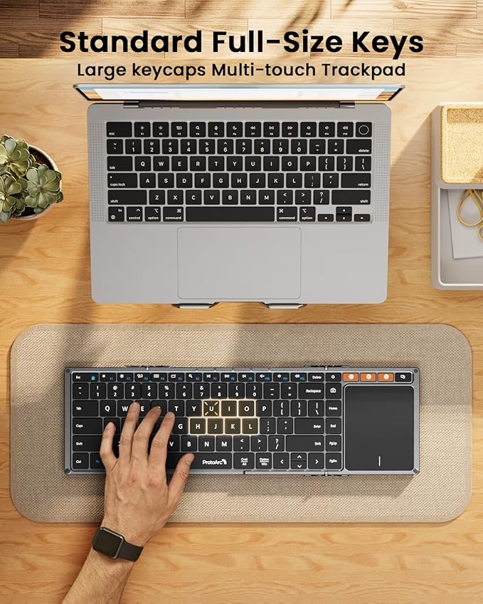 ProtoArc Foldable Keyboard with Touchpad, XK01 TP Folding Portable Keyboard, Full Size Keys, Large Trackpad Bluetooth Travel Keyboards for Laptop PC Tablet - Gray