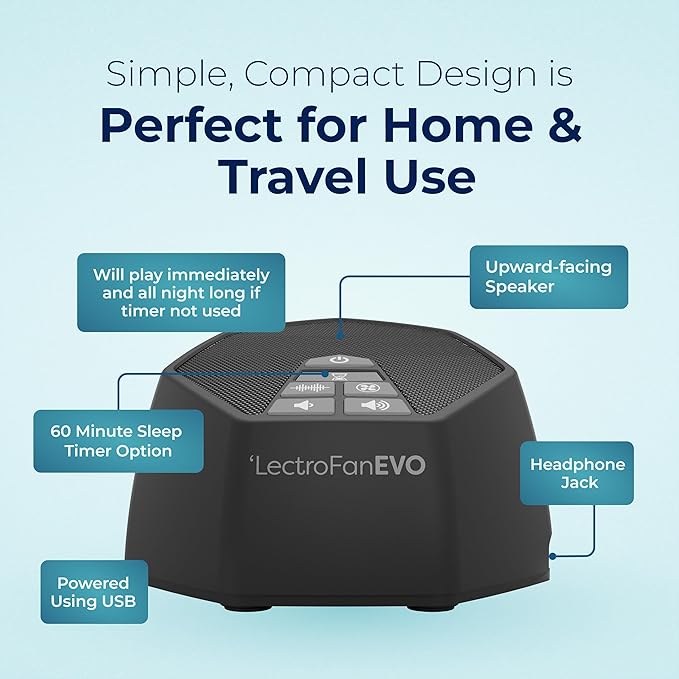 Adaptive Sound Technologies LectroFan EVO - Non-Looping Sound Machine for Sleep - Soothing Noise - Convenient Sleep Timer - Lightweight Build - USB-Powered - Charcoal