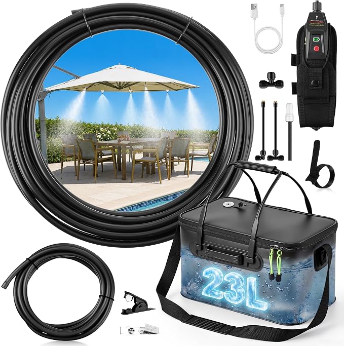 6 Gallon Portable Misting System, 30FT Cooling Misters with Water Mister Pump Foldable Bucket 8 Mist Nozzles for Outdoor Patios, Golf Carts, Greenhouses, Canopy, Camping, Hiking(Black)