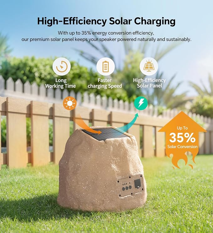 Upgraded Outdoor Rock Speaker 30W Deep Bass Multi-Sync up to 100Pcs, Remote Control, IPX7 Waterproof Solar-Powered with LED Lights Perfect for Pool, Garden, Patio, Ideal for Music Lovers - 1 Pack