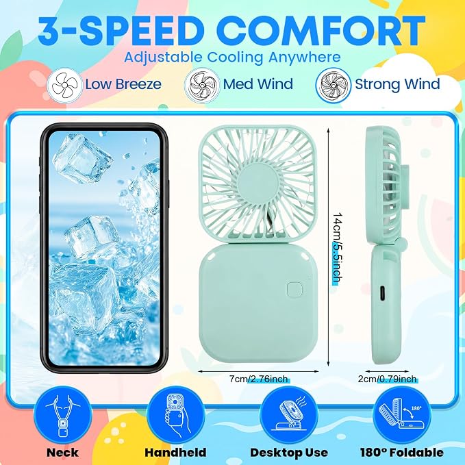 Reallnaive 12 Pcs Skinny Tumbler Bulk and Mini Portable Fans Set for Summer, 16 oz Plastic Cups with Lids Straws and Small USB Rechargeable Handheld Fan for Cooling Gift (Green)